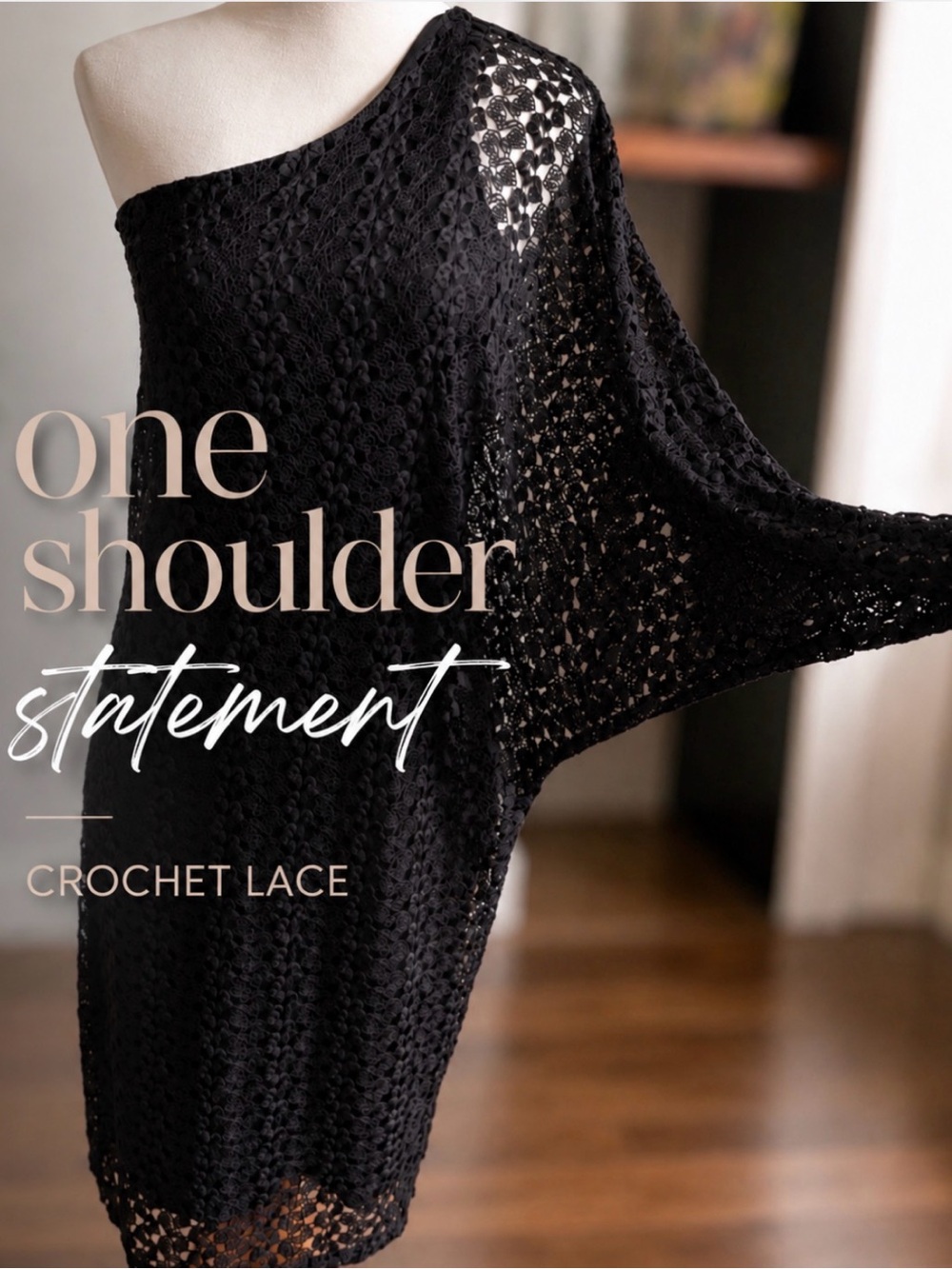 Julian Chang Black One-Shoulder Crochet Lace Batwing Sleeve Dress | M